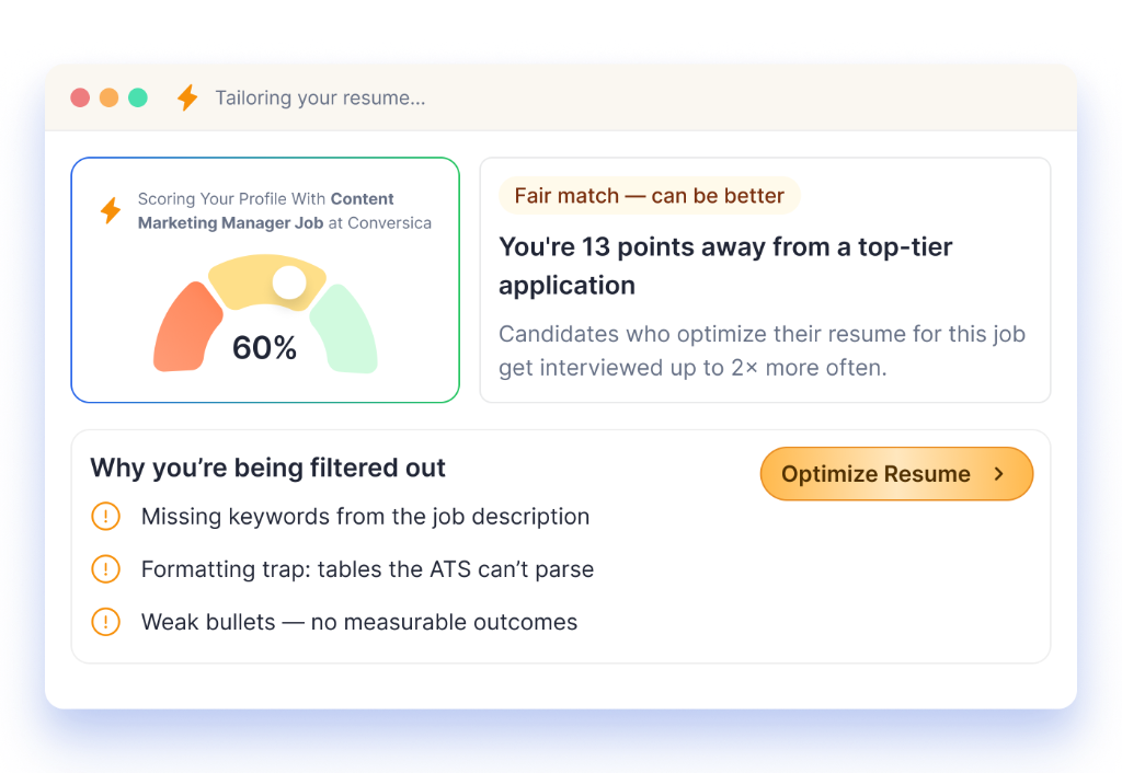 ATS check scoring a resume at 60% with the reasons it is being filtered out