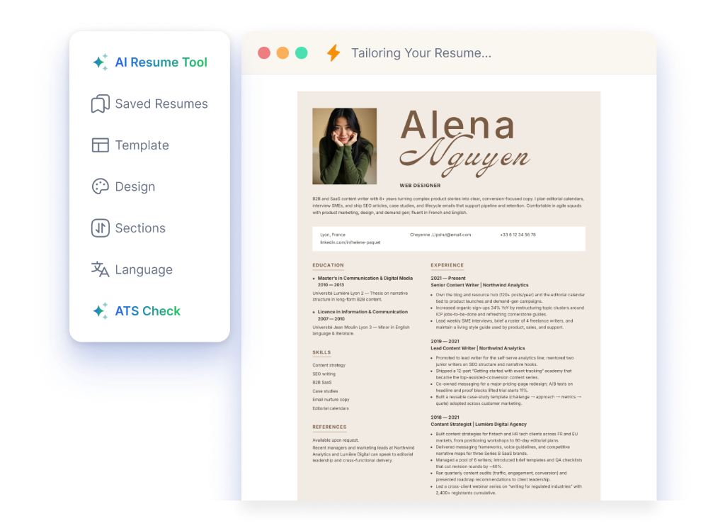AI resume tool with a template picker beside a tailored resume preview